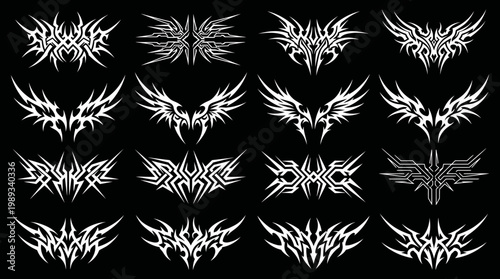 Collection of Tribal Winged Tattoo Emblems and Abstract Monochrome Designs.