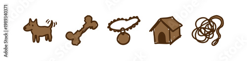 Set of hand drawn dog and pet care icons including bone collar and doghouse