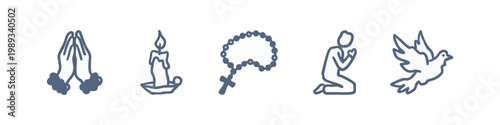 Set of hand drawn religious and prayer icons with rosary and peace dove
