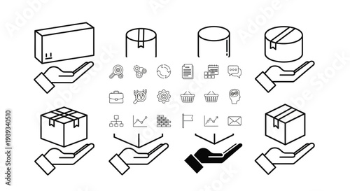 Collection of black and white line icons representing logistics delivery and packaging concepts