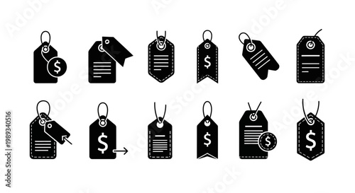 Black and white price tag icons set sales discounts and shopping elements collection