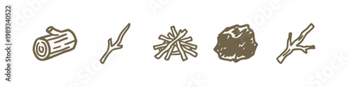 Rustic Firewood and Charcoal Hand Drawn Icons Set