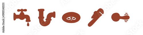 Hand drawn plumbing icons set featuring faucet pipes and wrench