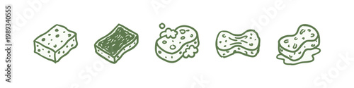 Green Sponge Doodles Set for Cleaning and Housework Icons