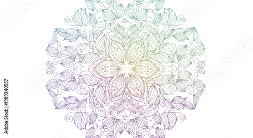 Intricate floral mandala design with pastel gradient colors, symbolizing harmony and beauty in a symmetrical pattern
