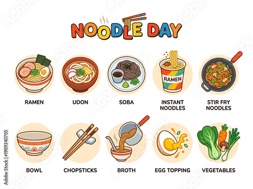 Diverse Noodle Dishes and Ingredients Illustrated for Noodle Day Celebration