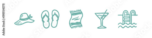 Summer Beach and Vacation Teal Hand Drawn Icon Collection
