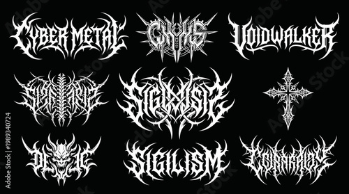 Collection of ornamental black metal band logo designs on dark background.