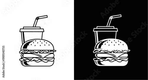 Minimalist black and white illustration of a classic burger and drink combo presented in dual tones