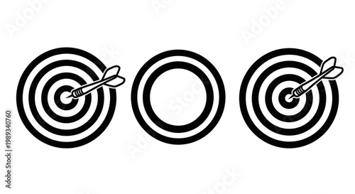 Three black and white dartboards with darts precision accuracy and the pursuit of goals