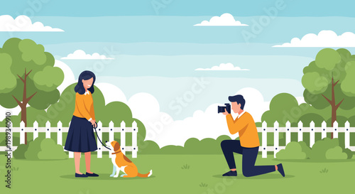 Professional photographer kneels to capture a photo of a woman standing with her dog in a scenic public park with white fence.