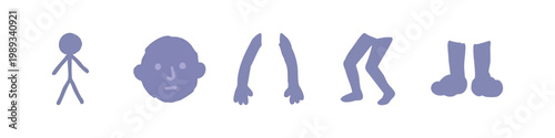 Lavender Hand Drawn Human Body Parts Icons Set with Stickman and Head