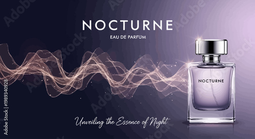 Exquisite glass bottle of opulent fragrance, elegantly displayed with shimmering, ethereal light waves on a mysterious dark background, evoking the luxurious essence of evening allure