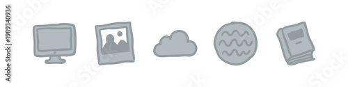 Silver Hand Drawn Media and Technology Icons Set with Monitor and Cloud
