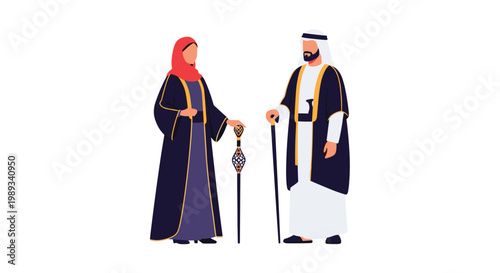 Emirati couple in elegant traditional attire with the woman in a black abaya and the man in a kandura with a walking stick.
