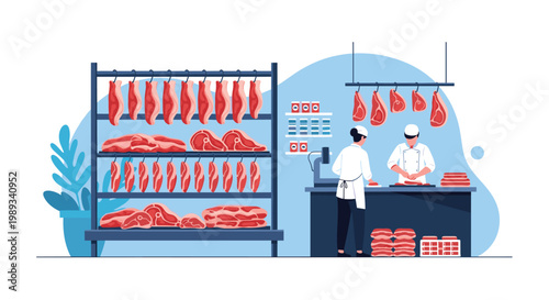 Skilled butchers work in a modern shop preparing various cuts of fresh red meat displayed on racks and shelves for customers.