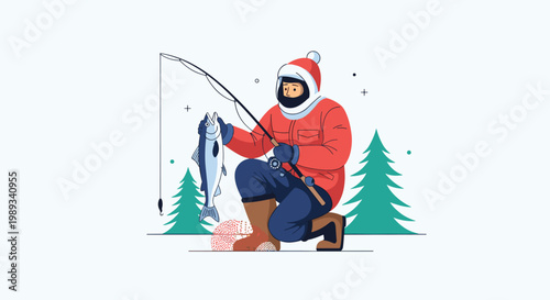 Fisherman in warm winter gear holds a large fish caught while ice fishing on a frozen lake with pine trees in the background.