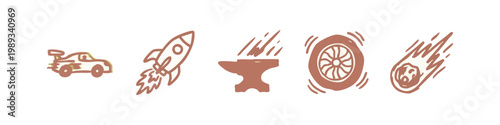 Hand drawn speed and industry icons with rocket race car anvil and meteor in brown color