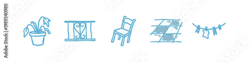 Light Blue Hand Drawn Home Exterior Icons Set with Plant and Chair