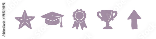 Achievement and education hand drawn icons with graduation cap trophy and star in purple