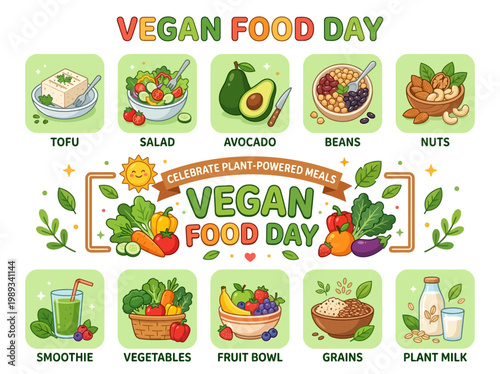 Celebrate Vegan Food Day with a vibrant illustration showcasing plant-powered meals, from refreshing smoothies to nutritious grains and fruits
