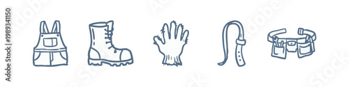 Workwear and Construction Tools Hand Drawn Icon Set with Overalls and Tool Belt