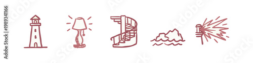 Lighthouse and Nautical Hand Drawn Icon Set with Coastal Beacon and Stairs