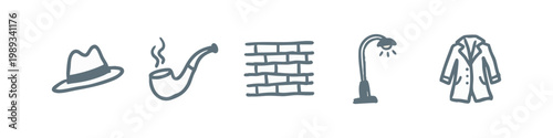 Detective and Noir Mystery Hand Drawn Icon Set with Trench Coat and Pipe