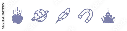 Physics and Science Hand Drawn Icon Set with Gravity Apple and Magnet