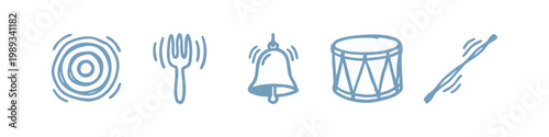 Sound and Music Hand Drawn Icon Set with Drum Bell and Tuning Fork