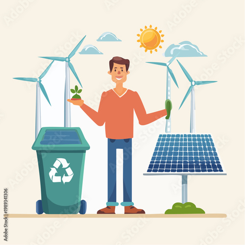 Man Holding Plant And Shovel With Solar Panel Wind Turbine And Recycling Bin Promoting Environmental Sustainability