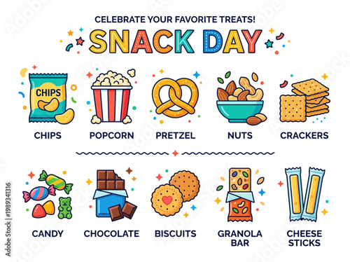 Happy Snack Day! A Colorful Assortment of Popular Treats and Delicious Snacks for Everyone to Enjoy