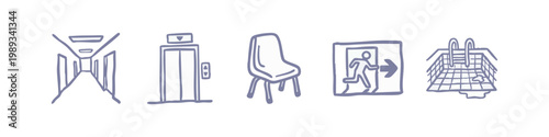 Building Interior and Facilities Hand Drawn Icons Including Elevator and Exit Sign