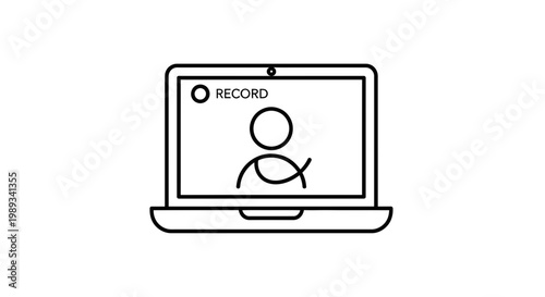Photography Minimalist line art of a laptop displaying a recording icon with people silhouet