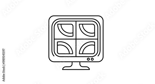Minimalist line art illustration of a vintage television with four separate screens displaying arcs