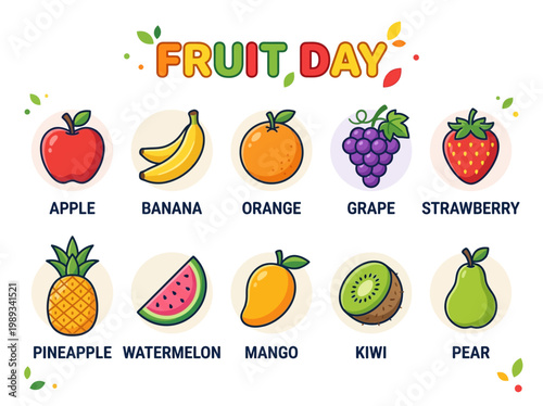 Healthy Fruit Day Celebration Featuring A Variety Of Fresh Fruits Like Apples Bananas Oranges Grapes Strawberries Pineapples Watermelons Mangoes Kiwis And Pears