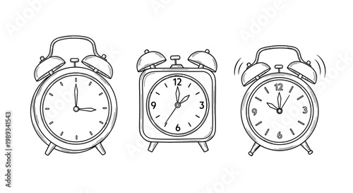 Three vintage alarm clocks sketch a time telling trio in black and white illustration