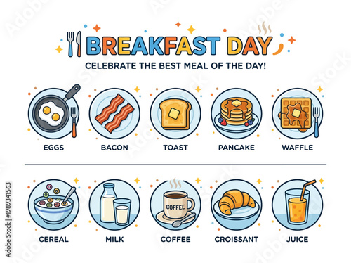 Celebrate the best meal of the day with a delightful assortment of breakfast foods, including eggs, bacon, toast, pancakes, waffles, cereal, milk, coffee, croissants, and juice
