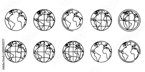 Ten black and white illustrations of globe maps in a grid pattern