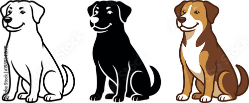 Three cartoon dogs sitting side by side in different colors and styles smiling