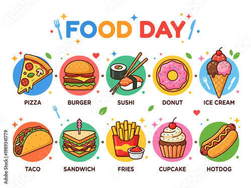 A vibrant and colorful illustration of various delicious fast food items and snacks, perfect for food-related occasions and celebrations