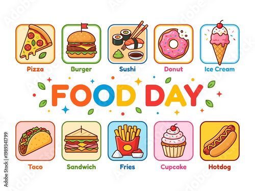 Celebrate Food Day with a Delicious Assortment of Popular Fast Foods and Treats Including Pizza, Burgers, Sushi, Donuts, and More