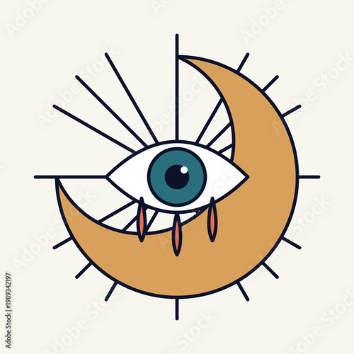 Mystical all seeing eye illustration with crescent moon celestial geometry and spiritual esoteric occult symbols.