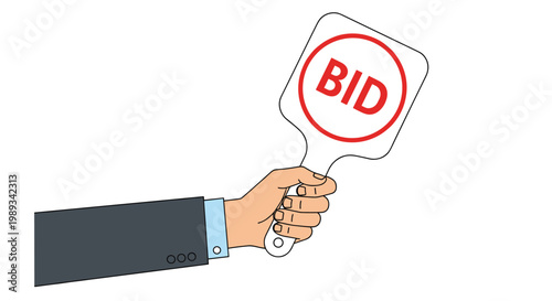 Person in a dark suit holds a white auction paddle with the word bid printed in red during a professional bidding session.