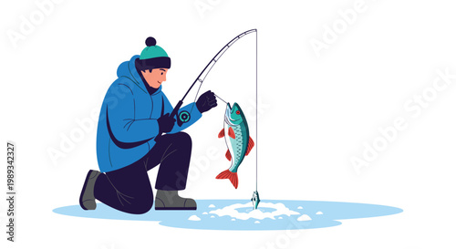 Fisherman in a blue jacket kneels on the ice to show off a colorful fish he just caught through a hole in the frozen water.