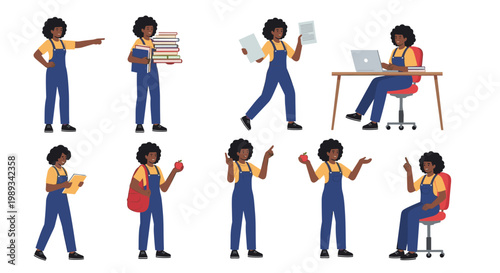 Character set of a young black woman in denim overalls and yellow t-shirt shown in various working, studying, and expressive poses.
