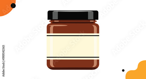 Brown glass food jar with black lid and blank beige label for mockup design isolated on white background with abstract decorative shapes.