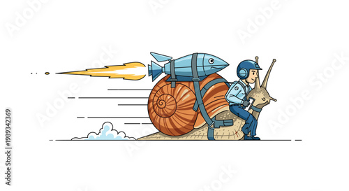 Skilled delivery person in a helmet rides a fast snail with a rocket attached to its shell to represent surprisingly quick service.