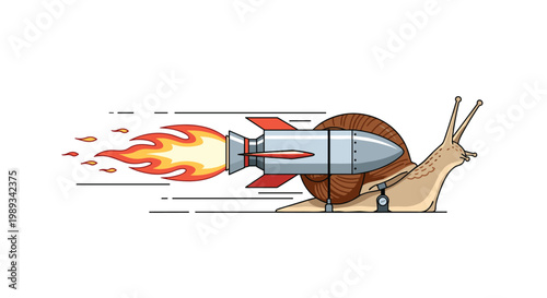 Brown snail moves at incredible speed with a metallic rocket strapped to its shell emitting bright orange and red flames.
