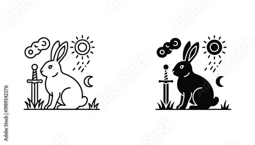 Rabbit Sword Icon Fantasy Story Element Vector Art